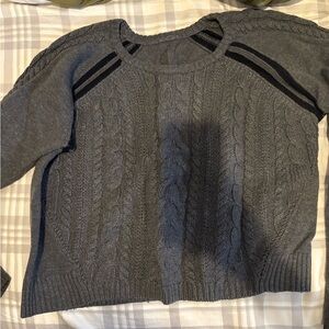 Athleta Gray Cable-Knit Crewneck Sweater with Shoulder Stripes